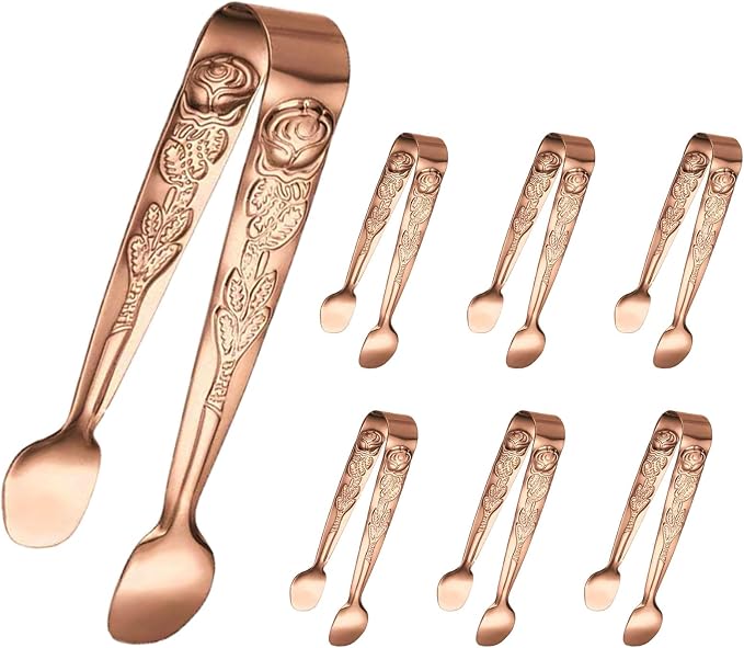 Mini Serving Tongs, 6PCS Small Rose Sugar Cube Tong, Small serving tongs Stainless Steel Ice Tong, 4Inch Rose Gold tongs for Kitchen, Appetizers, Coffee Bar, Salad, Desserts and Charcuterie Board
