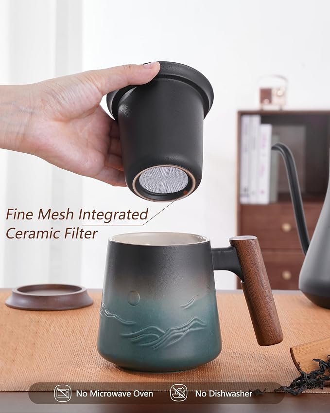 ZENS Tea Mug with Infuser and Lid for Loose Tea Steeper, 14.5oz Blue | Embossed Ceramic Tea Cup with Infuser for Herbal Tea Difussers, Tea Lovers Gifts, Modern Organic Wood Handle