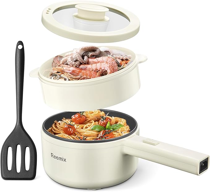 Hot Pot Electric With Steamer, 1.6L Ramen Cooker Non-Stick Sauté Pan | for Steak, Egg, Fried Rice, Ramen, Oatmeal, Soup, Portable Personal Perfect Suit Dorm Room and Apartment (White)