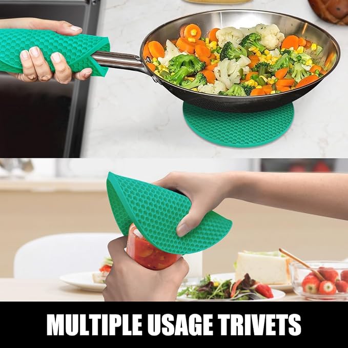 RORECAY Silicone Oven Mitts and Pot Holders Sets, Gloves for Kitchen, Green | Set of 6 Kitchen Mitts for Baking & Cooking, Heat Resistant 500 ℉, 15" Extra Long, Non-Slip & Waterproof, Quilted Cotton