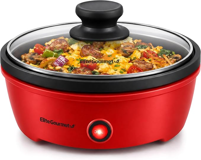 Elite Gourmet EGL-6101 Stir Fry Griddle Pan, 650W Non-Stick Skillet, Red | Rapid Heat-Up, Tempered Glass Lid for Easy Monitoring, Compact Personal-Size, Ideal for Pancakes & Eggs