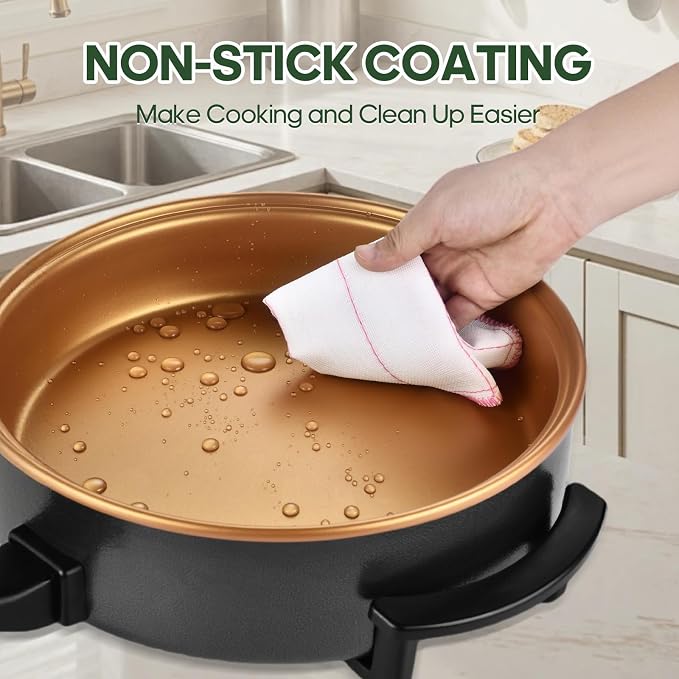 14" Large Electric Skillet with lid, Ceramic Nonstick Coating Electric Frying Pan, 1500W Quick & Even Heating, 5 Adjustable Temperature Control, Tempered Glass Lid & Cool-Touch Handles