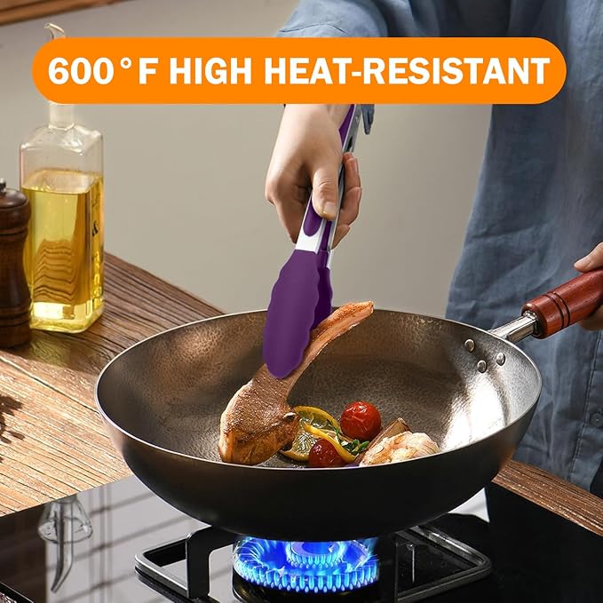 Kitchen Tongs, Stainless Steel Cooking Tongs with Silicone Tips, 600ºF High Heat-Resistant Non Scratch Locking Tongs for Cooking BBQ Grilling Air Fryer Pans, Set of 3 (7" 9" and 12") Purple