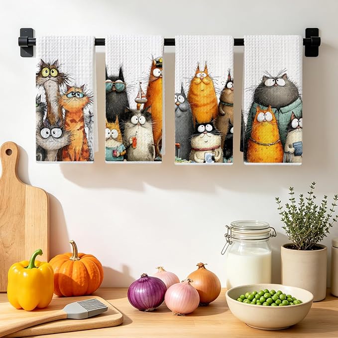 4 Pcs Cute Cat Kitchen Towels, Funny Cats Gifts Absorbent Hand Towels-04 | Cat Dish Cloths for Drying Dishes, Cats Waffle Dish Towels for Kitchen Home Bathroom Decor, Cat Lover Gifts for Women Mom