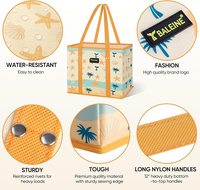 BALEINE 1PK Reusable Grocery Bags, Heavy Duty Shopping Tote Bag | 12'' Long Handles, Reinforced Bottom Keeps Upright, Fold Flat Storage, Water-Resistant Shopping Bag, Multiple Color Options