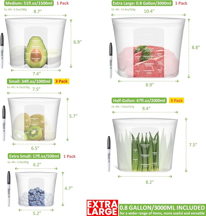 100% Silicone Reusable Storage Bag, 9 Pack Stand-Up Wide-Mouth Zip-Lock Food Storage Bags, Easy-Fill Easy-Open Easy-Clean Space-Saving, Microwave & Dishwasher Safe, 1 XL/3 L/1 M/3 S/1 XS, Translucent