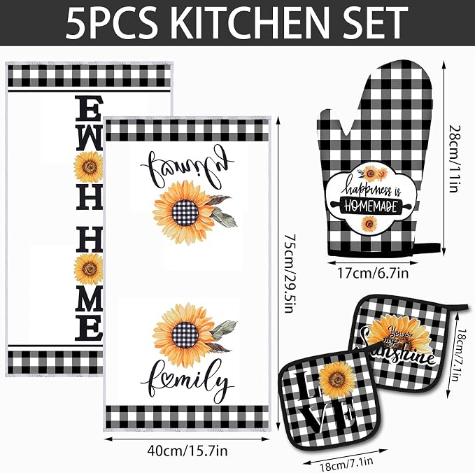 5 Pcs Buffalo Plaid Kitchen Towels Oven Mitts and Pot Holder Set,Sunflower | Sunflower Checkered Kitchen Decor, Black White Kitchen Towel Oven Glove, Sunflower Farm House Accessory Decor, High Quality