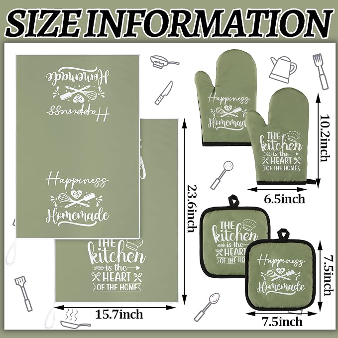 Sratte 6 Pcs Kitchen Decor Accessories Set, Kitchen, Green | Farmhouse Kitchen Towels Pot Holders Oven Mitts Set 2 Dish Towels 2 Potholders 2 Cooking Mittens for Baking Cooking Supply