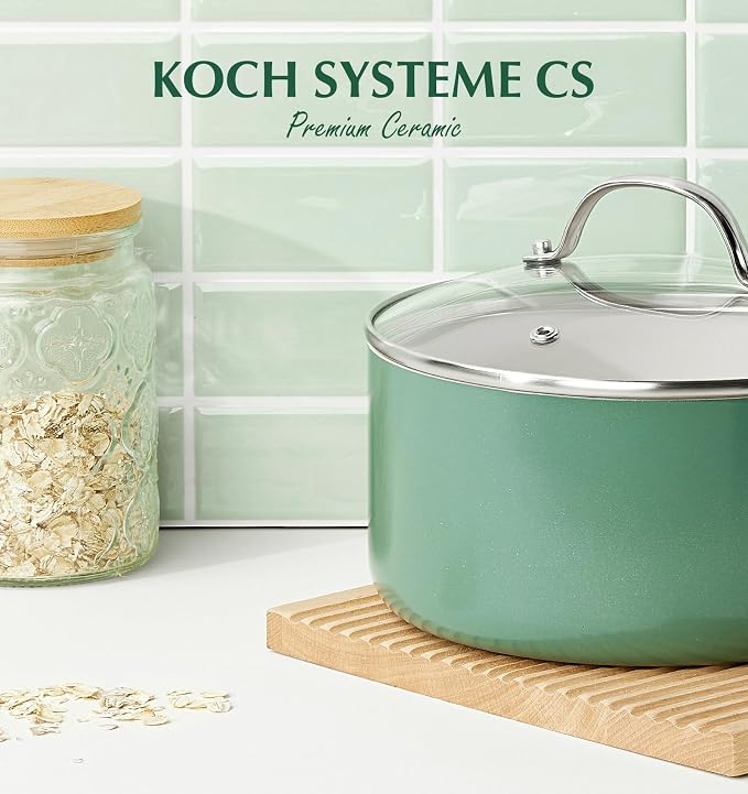KOCH SYSTEME CS 1 Quart Saucepan with Lid, Nonstick Small Sauce Pan with Lid, PFAS-FREE Ceramic Saucepan for Healthy Cooking, Small Cooking Pots For Home Kitchen, Green