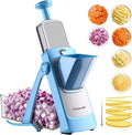 7-in-1 Safe Mandoline Slicer for Kitchen, Vegetable Slicer with Container | Adjustable 0.1-8mm Veggie Mandoline, French Fry Cutter, Potato/Tomato/Onion Slicer, Grater/Cleaning Brush (Blue)