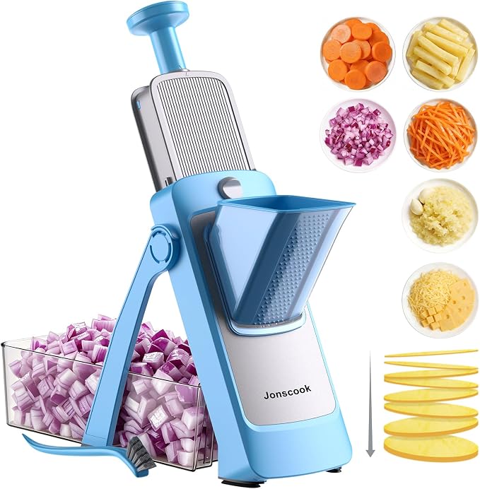 7-in-1 Safe Mandoline Slicer for Kitchen, Vegetable Slicer with Container | Adjustable 0.1-8mm Veggie Mandoline, French Fry Cutter, Potato/Tomato/Onion Slicer, Grater/Cleaning Brush (Blue)