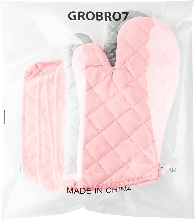 6Pcs Cotton Oven Mitts and Pot Holders Set Heat Resistant Hot Pads Durable Pocket Pot Holder Machine Washable BBQ Gloves with Hanging Loop for Safe Kitchen Baking Cooking Grilling Pink