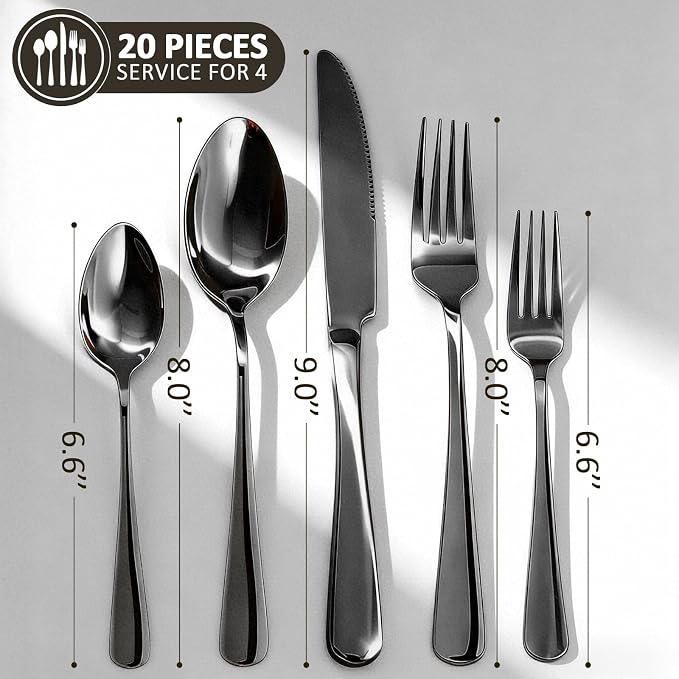 20 Piece Silverware Set, Kitchen Utensils Set for Restaurant & Home, Stainless Steel Cutlery Set, Flatware Set include Forks, Knives, Spoons, Household Essentials for New Home, Black