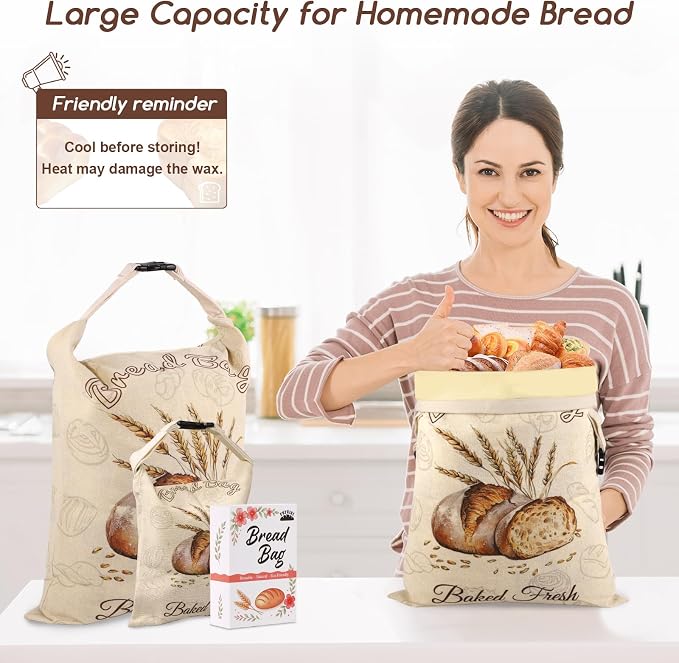 Beeswax Bread Bags for Homemade Bread, Sourdough Storage 3 Piece Set | Multiple Sizes, XL 17" x 13" & 10" x 8", Reusable Bees Wax Bread Bag & Keeper, Natural Linen with Premium Box for Home Baking