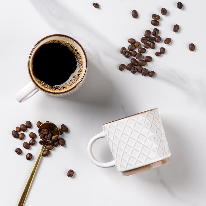 GBhome 6 OZ Stackable Coffee Mugs Set of 4, Ceramic Coffee Cups Set | 4 Assorted Designs, Embossed Mugs with Texture Patterns for Espresso/Tea, Dishwasher&Microwave Safe, Off White