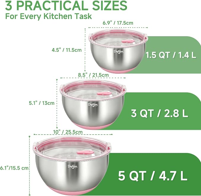 Mixing Bowls with Clear Airtight Lids, 3-Piece Stainless Steel Set, Pink | Silicone Vent Plug, Secure Seal Design, 1.5/3/5 QT, Dishwasher-Safe Lids, Non-Slip Base, Measurement Marks, Nesting Design