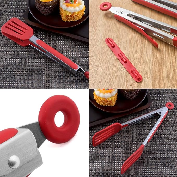 Cooking Tongs 9" and 12" Stainless Steel Kitchen Silicone Serving Tongs | Heat Resistant Meat Turner Spatula Tong Fish Tongs for Grilling Steak Salad Pasta Buffet Serving (Red)