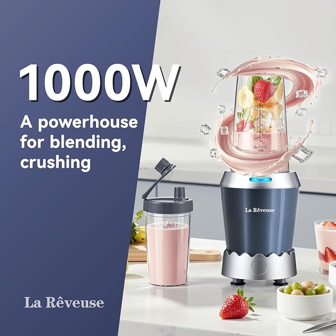 La Reveuse Personal Blender 1000Watts, (1) 24oz To-Go Cup, Gray, LARB2305 | Push to Blend for Frozen Shakes, Smoothies &Food Prep, 6-Leaf Blade, BPA-free Bottle with Portable Spout Lid, Dishwasher Safe