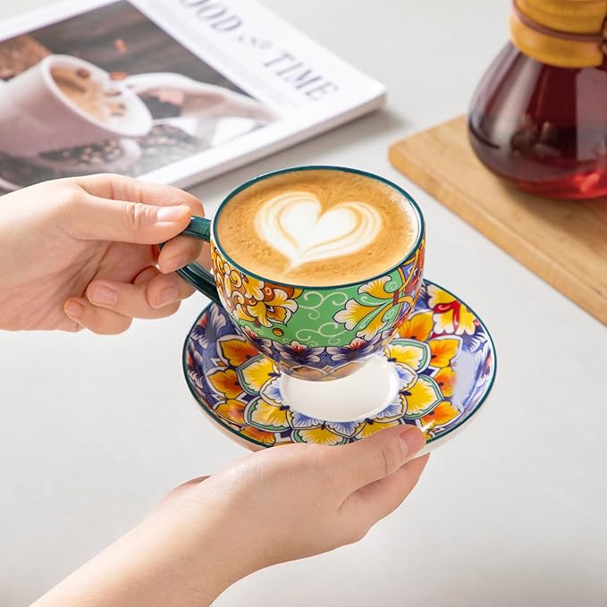 vancasso 8 Oz Cappuccino Cups, Porcelain Tea Cups and Saucers Set of 6 | Bohemian Cappuccino Mugs,Perfect for Latte, Tea and Espresso, Microwave and Dishwasher Safe,Lead-Free and Non-Toxic
