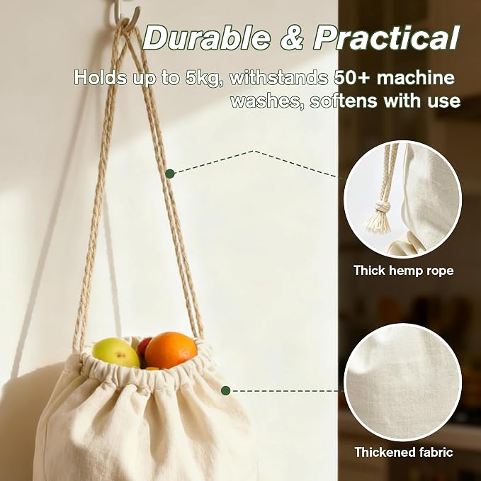 PrettyCare 15x13 Inch Reusable Cotton Storage Bags, 3-Pack Muslin Drawstring Bags for Bread, Potatoes, Onions, Produce; Biodegradable Canvas Fabric Sacks for Shoes, Laundry, Clothes, Travel Storage