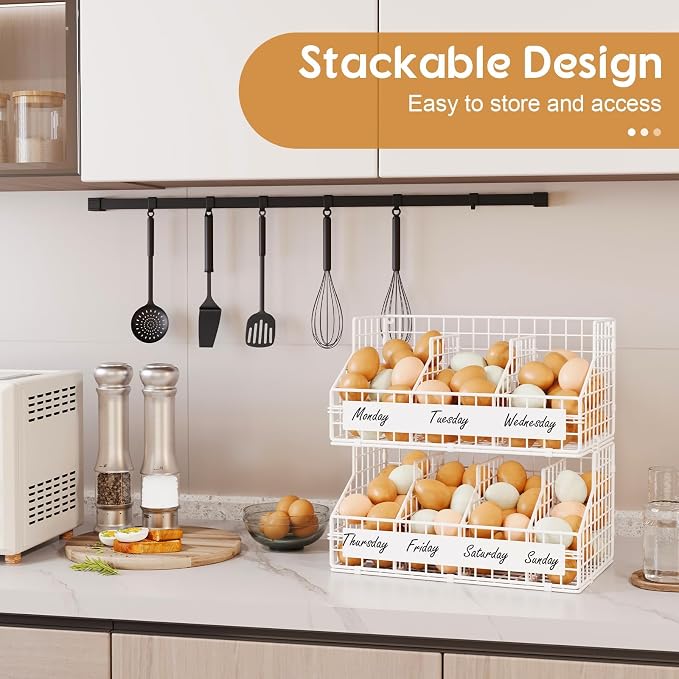 Egg Holder Countertop with 5 Dividers & DIY Labels to Separate Eggs, 2-Tier Stackable Wire Baskets, XXL Egg Basket for Gathering Fresh Eggs - Egg Organizer for Wall-Mounted(Patent Pending), White