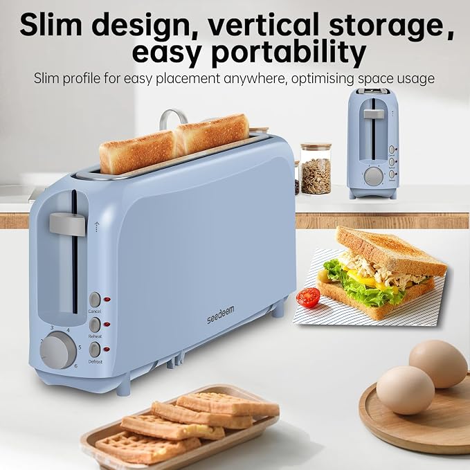 SEEDEEM 2 Slice Slim Toaster, 10" Long Slot, 6 Shade Settings, Blue | Long Slot, 6 Shade Settings, Cancel/Reheat/Defrost, Removable Crumb Tray