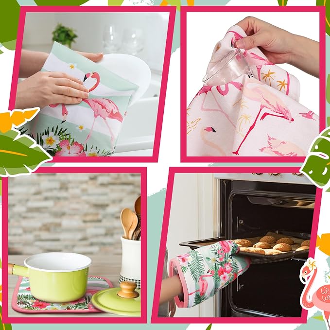 Bencailor 6 Pcs Flamingo Kitchen Towels Pot Holders and Oven Mitts Set Soft Cotton Linen Dish Towel Heat Resistant Oven Mitts for Summer Kitchen Decor Cooking Baking Grilling