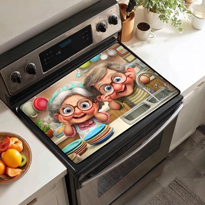 Cute Grandpa and Grandma Stove Top Cover for Electric Stove,Funny Old Couple Glass Top Stove Cover Protector,Old Lady Glass Cooktop Covers Kitchen Flat Electric Stove Top Covers