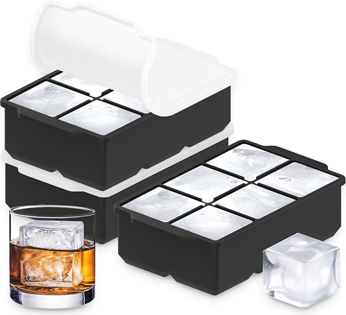 KitchFort® Large Silicone Ice Cube Tray (3-Pack) - 2" Big Ice Mold with Lid | Easy Release, Cocktail, Whiskey Ice Cubes Mold - Food Grade - Ice Cube Trays for Freezer - Stackable Silicone Ice Tray