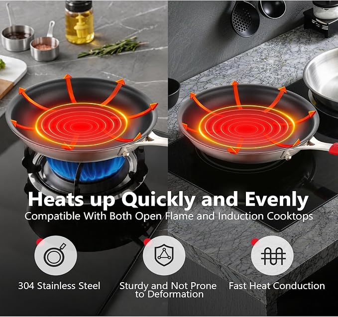 12 Inch Nonstick Frying Pan, Tri-Ply Clad Stainless Steel Skillet with Reinforced Coating, Detachable Handle with Sleeve, Dishwasher & Oven Safe, Induction Compatible, PFOA-Free Fajita Pans