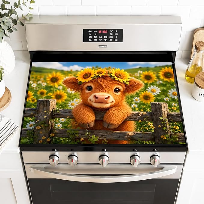 Farmhouse Highland Cow Stove Top Cover 28x20 Inch Electric Stove Cover | Heat Resistant Cooktop Protector Mat with Non-Slip Backing, Scratch Protection and Countertop Drying Mat.