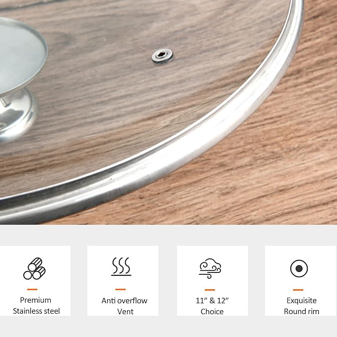 Glass Lid for 12 Inch Frying Pan, Tempered Replacement Top, Twist Lock, Cookware Lid, Clear, Tempered Glass