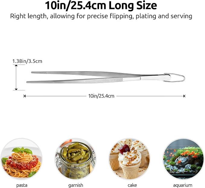 U-Taste Kitchen Cooking Tweezer, 18/8 Stainless Steel Tong, 10"/Pointed Tip | Food-Grade Metal Food Tong with Non-Slip Tips, Professional Chef Tweezers for Plating Serving Grilling Frying Cooking Baking