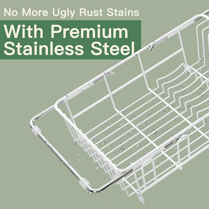 White Dish Drying Rack Over The Sink with Utensil Holder, Mat | Expandable Stainless Steel Dish Drainer for Small Kitchen, Apartment, RV, Counter Space Saving, Perfect Fit, Rustproof