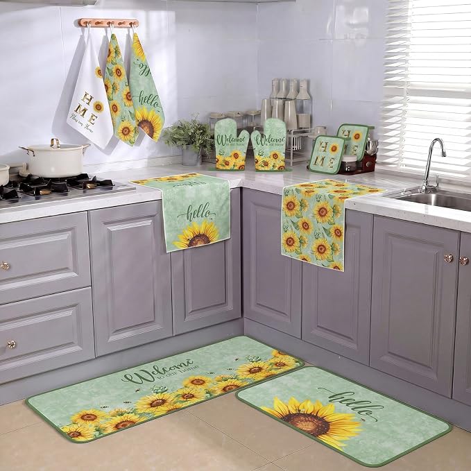 Fourluoo 10 Pcs Sunflower Kitchen Decor Set Dish Towels Kitchen Rugs Oven Mitts and Pot Holders Green Decor Set for Cooking Baking Grilling Women Mom Gift