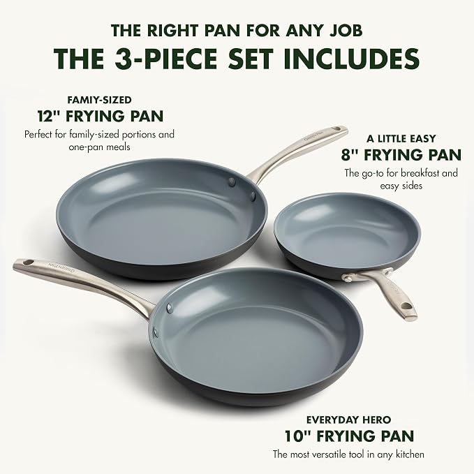 GreenPan Lima Hard Anodized 8" 10" & 12" Frying Pan Skillet Set, Ceramic Nonstick, PFAS-Free Nontoxic Pots & Pans, Oven & Broiler Safe, Stainless Steel Handles, Cookware for Eggs & Omelet, Gray