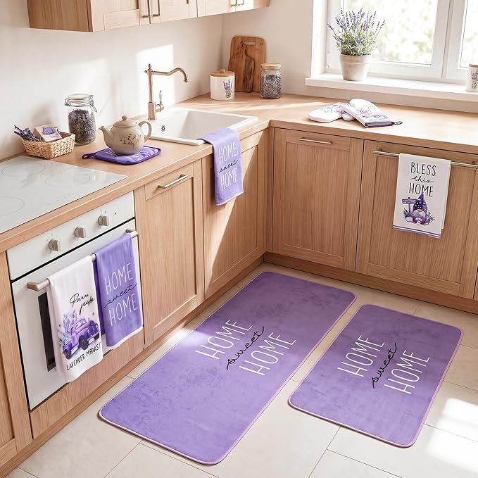Fourluoo 10 Pcs Lavender Kitchen Decor Set Lavender Kitchen Towels Rugs Oven Mitts and Pot Holders for Cooking Baking Grilling Women Mom Gift