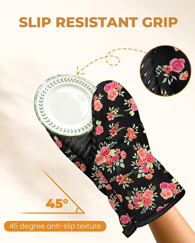 100% Thick Cotton Mini Oven Mitts Silicone Grip Pink Rose | Girly Cute Oven Mitts for Women, Machine Washable, Non-Slip, Reversible Design Fits Both Hands, Stylish Kitchen Decor