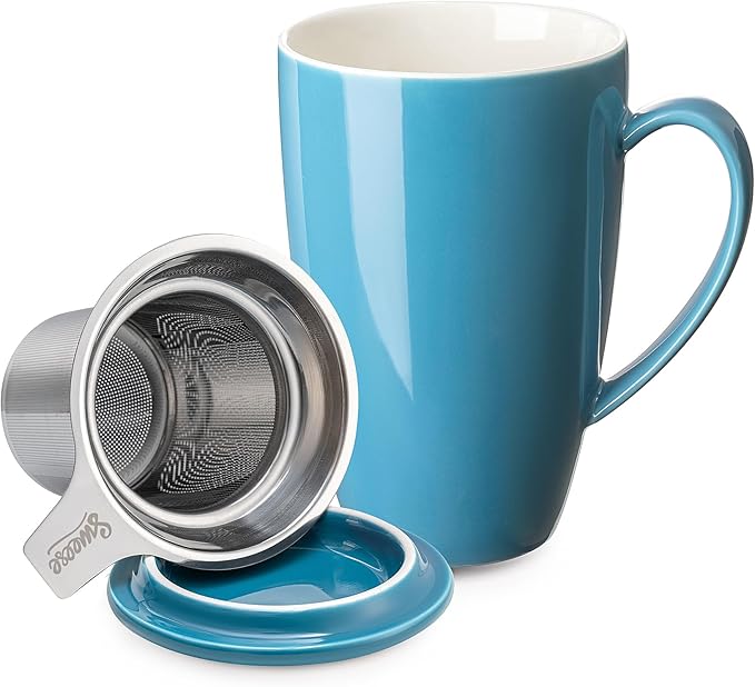 Sweese 15 OZ Porcelain Tea Mug with Infuser and Lid, Loose Leaf Tea Cup, Gifts for Tea Lover, Steel Blue