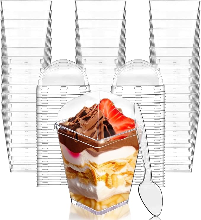 5 oz Plastic Dessert Cups with Lids and Spoons, 100 Pack | Clear Square Mini Reusable Parfait Appetizer Cups, Shooter Serving Cups, Party Dessert Shot Glasses for Tasting