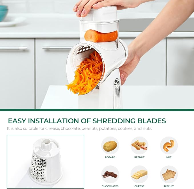 SUSTEAS Rotary Cheese Grater 5 Blades,Kitchen Mandoline Vegetable Slicer | White, Easy to Clean, Strong Suction Base, 5 Blades Storage Box, Round Mandoline Slicer & Food Chopper for Salad
