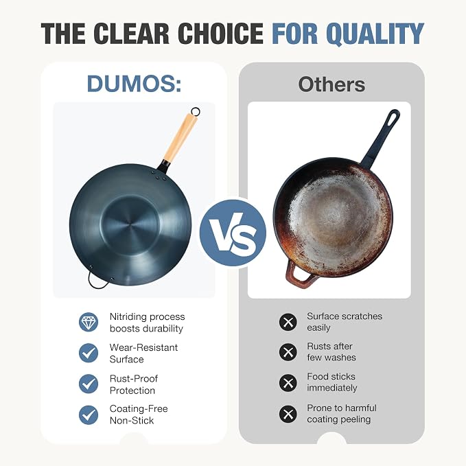 DUMOS 13.5" Carbon Steel Wok Pan, No Chemical Coating, Pre-Seasoned Flat Bottom Pow Wok for Family Meals and Camping, Compatible with Induction, Electric, Gas, Open Fire, Blue
