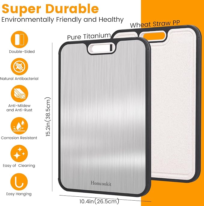Titanium Cutting Board, Double Sided Wheat Straw, Non-Slip 16x11 | Double Sided Pure Titanium & PP,Non-Slip Edge for Countertop,Easy Clean, Stain & Odor Free,Large Size 16" x 11"