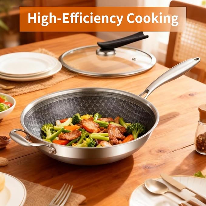 DELARLO 12-Inch Tri-Ply Stainless Steel Nonstick Wok with Lid, Induction | Tri-ply wok heats evenly, works with induction, and is dishwasher and oven safe up to 650°F for versatile cooking.