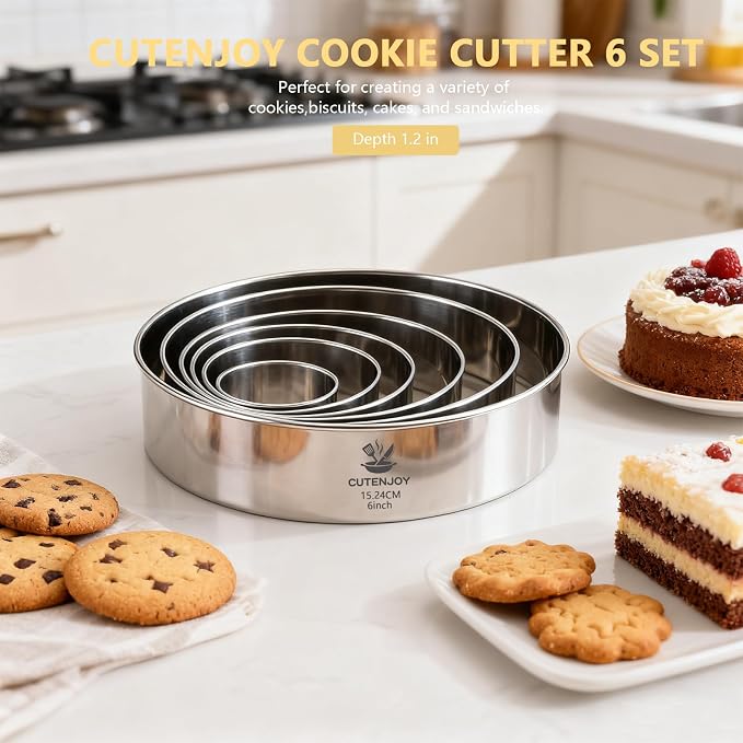6-Piece Round Cookie Cutters (2, 3, 3.5, 4, 5, 6 Inch) Biscuit Cutter Set | Dishwasher Safe, Laser-Etched Sizes, Stainless Steel Circle Cookie Cutter for Baking, Thick Dough, Biscuits & Fondant