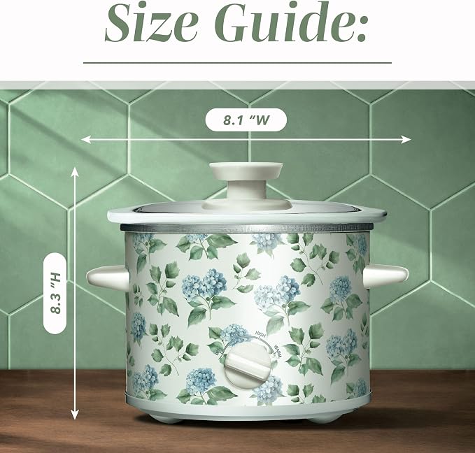 COOK WITH COLOR 2QT Mini Electric Round Slow Cooker - Adjustable Settings, Removable Stoneware Pot, Tempered Glass Lid, Dishwasher Safe, Cool-Touch Side Handles, Floral Blue/Green