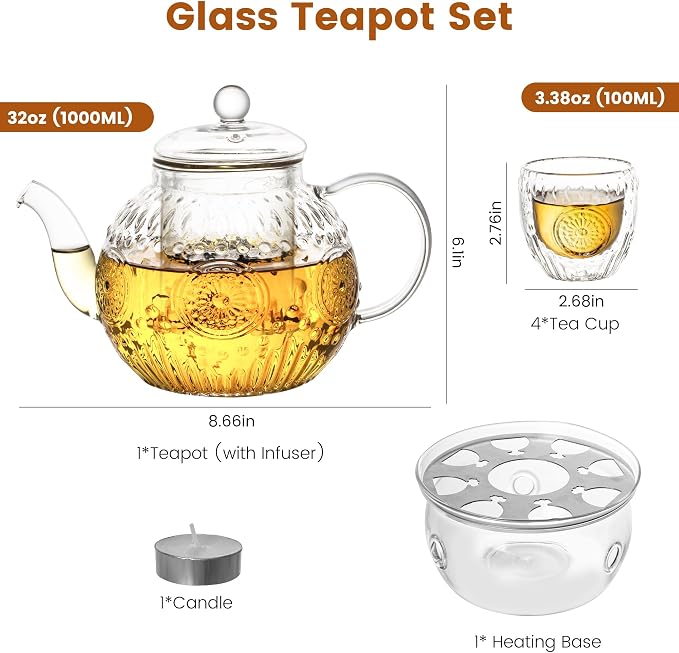 Bandesun Vintage Glass Teapot Set with 4 Cup, 32oz Borosilicate Tea Pot with Removable Infusers for Blooming and Loose Leaf Tea, Tea Warmer with Candlelight, Stovetop Safe, Gift for Women and Adults
