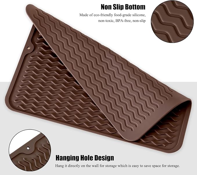 Silicone Dish Drying Mat, Non-Slip Easy Clean Sink Mat, Coffee, 18" x 16" | Quick-Dry Ridges, Large Heat-resistant Dish Drainer Mat for Kitchen Counter, Hangable & Roll-Up for Storage, Dishwasher Safe