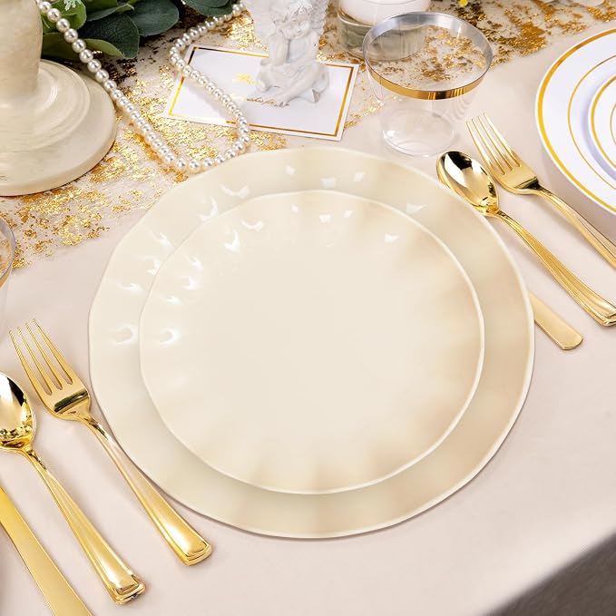 LIYH 50 Pcs Beige Plastic Plates Reusable Unbreakable Dinner Plates Scalloped Plastic Plate Dishwasher Safe Ivory Plate Sets Perfect for Parties Birthday Picnics BPA Free (25Guests)
