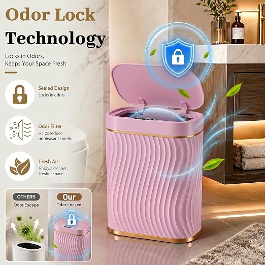 2.6 Gallon Automatic Bathroom Trash Can with Touchless Lid,Pink Gold | Motion Sensor Trash Can with Slim Waterproof Body; Small Plastic Garbage Can, hands-free lid for Bedroom, office, and kitchen